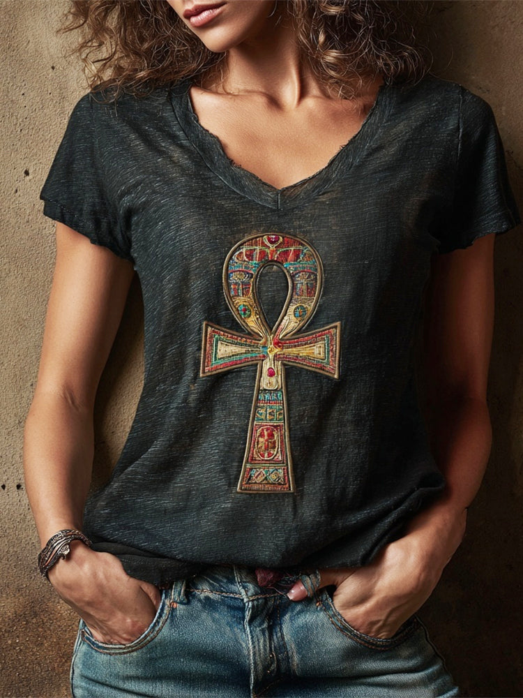 Comstylish Egyptian Ankh Vintage Embroidered Women's V-neck T-shirt