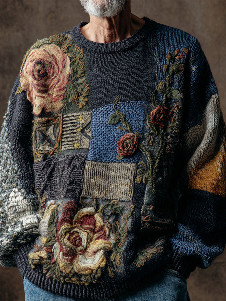 Boho Vintage Floral Patchwork Pattern Men's Knit Sweater elevenforest