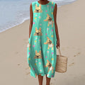 Women's Retro French Bulldog Flowers Art Linen Tank Midi Dress elevenforest