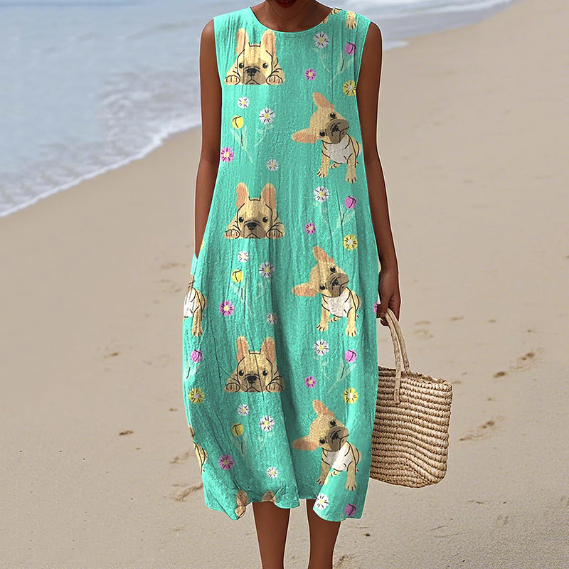 Women's Retro French Bulldog Flowers Art Linen Tank Midi Dress elevenforest