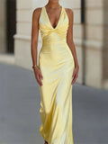 Comstylish Classy Twist Knot Cross Back Satin Maxi Dress