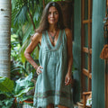 Retro Boho Tribal Art Embroidery Print Cotton And Linen V-neck Sleeveless Midi Dress elevenforest