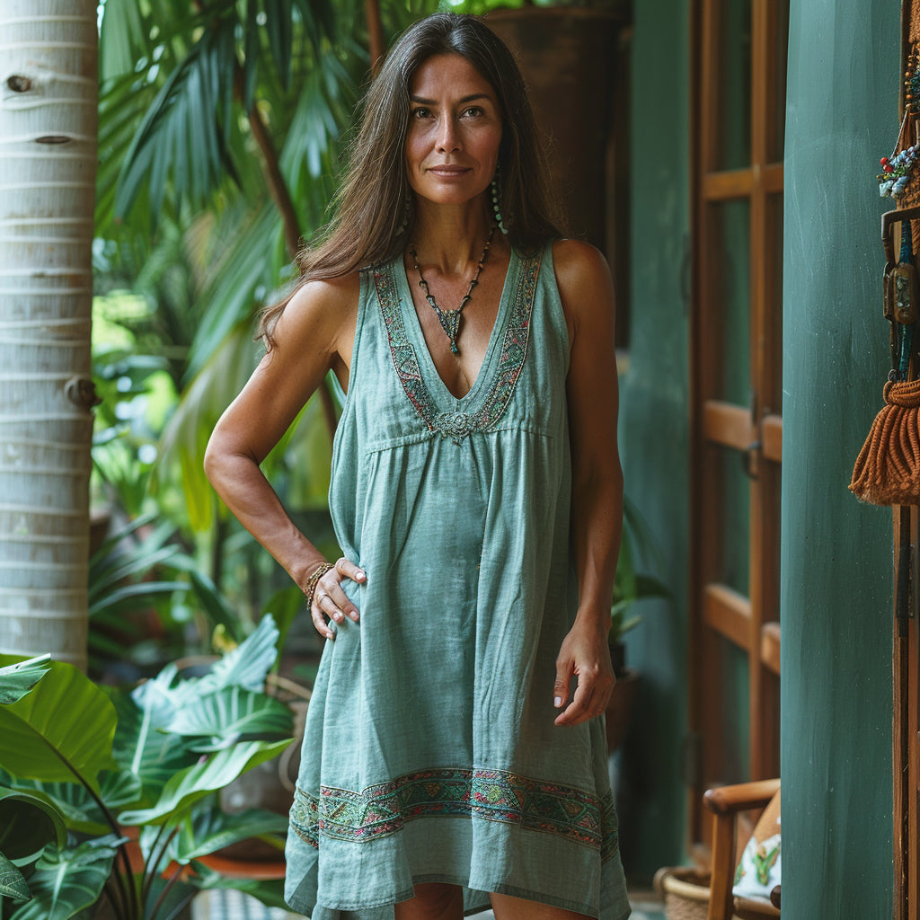 Retro Boho Tribal Art Embroidery Print Cotton And Linen V-neck Sleeveless Midi Dress elevenforest