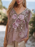 Ladies' Lotus Root Starch Rose Embroidery Casual Vintage Short-sleeved Shirt elevenforest