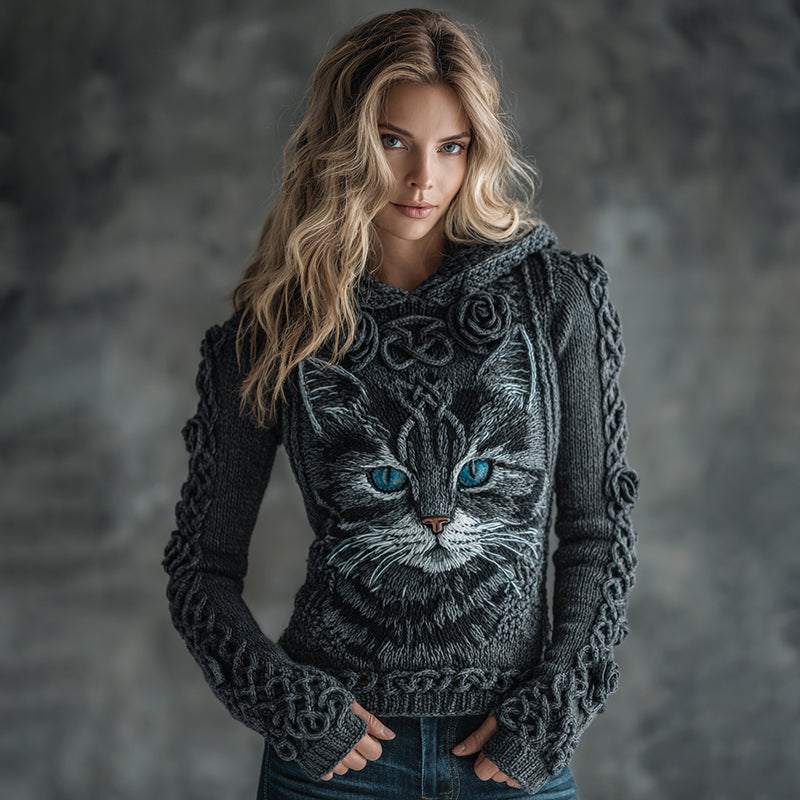 Women's Vintage Cute Cat Art Knitted Warm Hooded Sweater