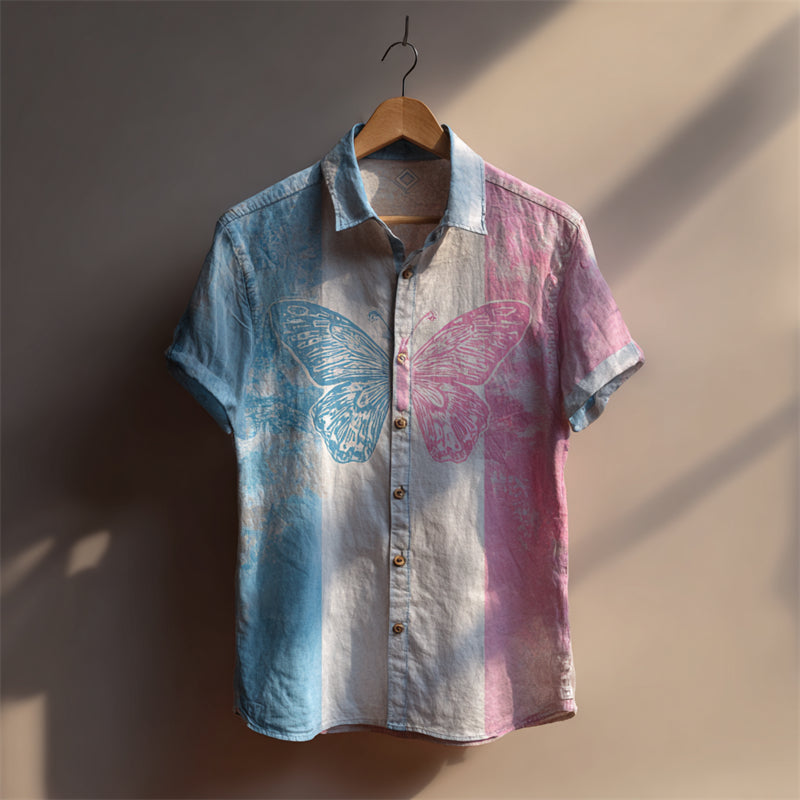 Comstylish Butterfly Trans Flag Colorblock Linen Shirt