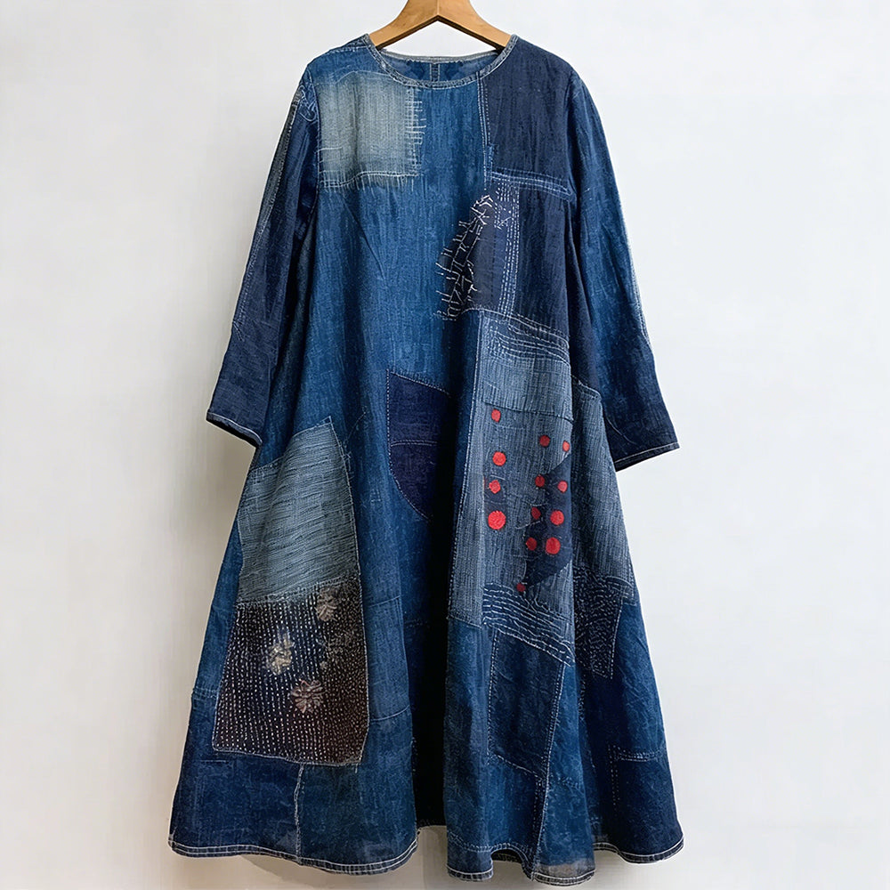 Comstylish Vintage Japanese Sashiko Patchwork Linen Maxi Dress
