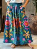 Women's Bohemian Floral Art Print Cotton Pocket Skirt