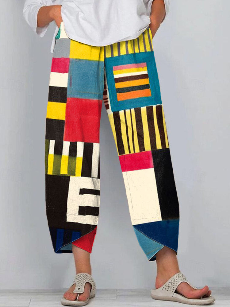 Women's Vintage Contrast Color Geometric Pattern Linen Blend Pants elevenforest