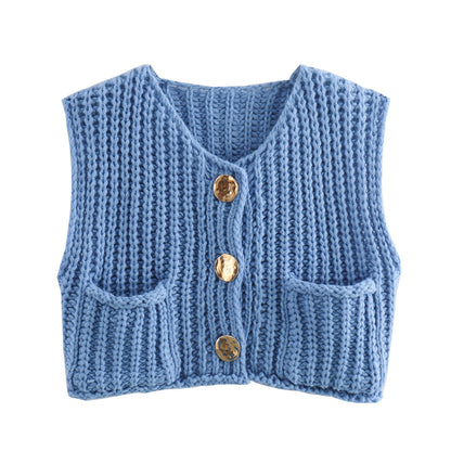 Large Buttons Color Knit Vest Cardigan