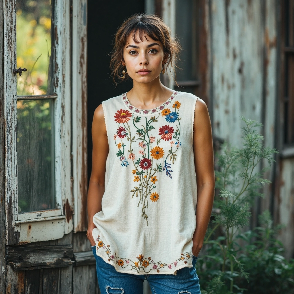 Vintage Flowers Embroidery Art Linen Sleeveless Top elevenforest