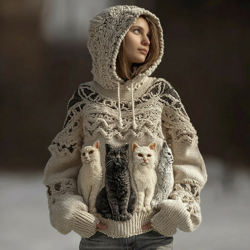 Women's Cute Cat Embroidered Hooded Sweater