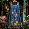 Vintage Bohemian Floral Denim Art Sleeveless Dress elevenforest