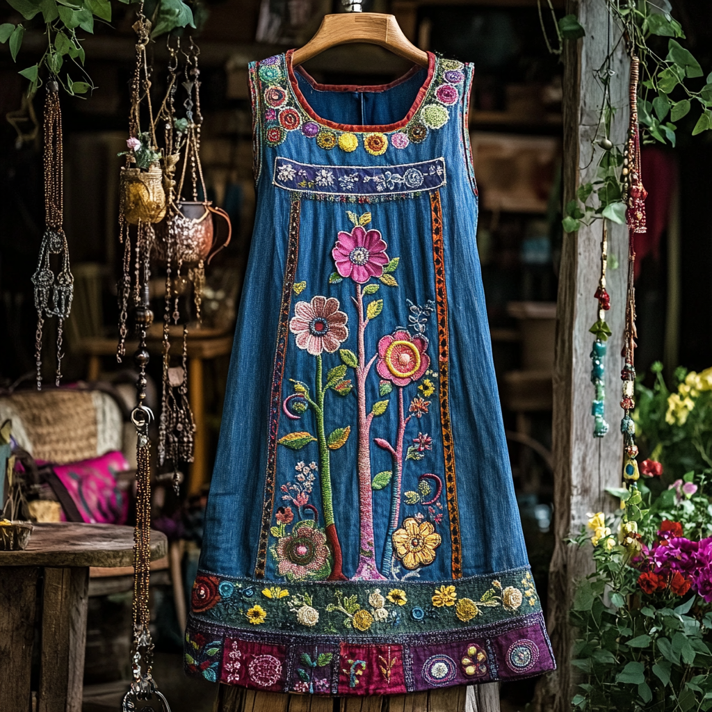 Vintage Bohemian Floral Denim Art Sleeveless Dress elevenforest