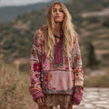 Bohemian Style Three-dimensional Flower Embroidery Light Pink Patchwork Vintage Hooded Long-sleeved Sweater elevenforest