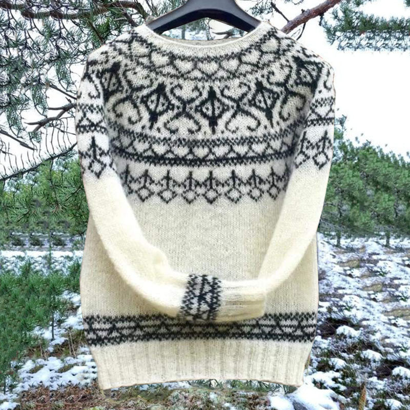 Vintage Icelandic Knit Jacquard Crew Neck Sweater (Unisex) elevenforest