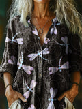 Women's Bohemian Dragonfly Art Print Casual Cotton Linen Shirt