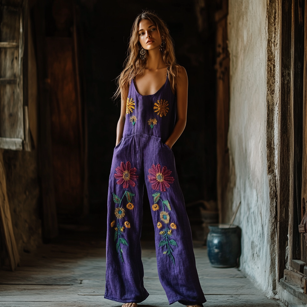 Vintage Floral Embroidered Pattern Art Linen Blend Loose Casual Jumpsuit elevenforest