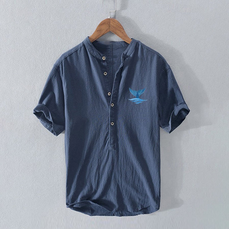 Men's Ocean Fishtail Art Casual Cotton And Linen Short Sleeve Shirt elevenforest