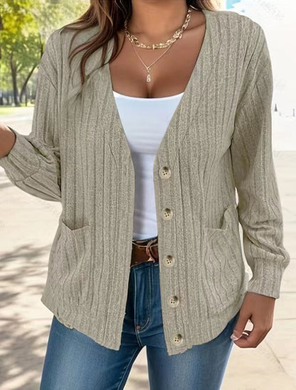 Autumn Winter Temu Clothing Color Buttons V Neck Loose Long Sleeved Cardigan