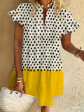 Geometric art ruffle short-sleeved V-neck button dress holiday beach dress