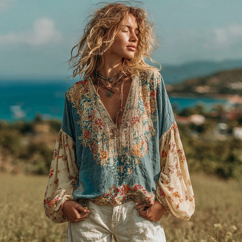Women's Retro Ethnic Floral Pattern Linen V-neck Shirt elevenforest