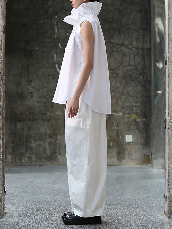 Sleeveless Pleated Color Statement Collar Blouses&shirts Tops