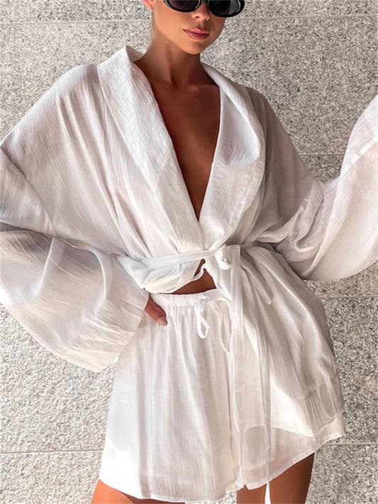Tossy White Lace-up 2 Piece-set Shorts for Loose Bandage Cardigan Coat and High Waist Shorts Sets Female Outfits