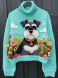 Comstylish Schnauzer Dog & Floral Felt Art Cozy Knit Sweater