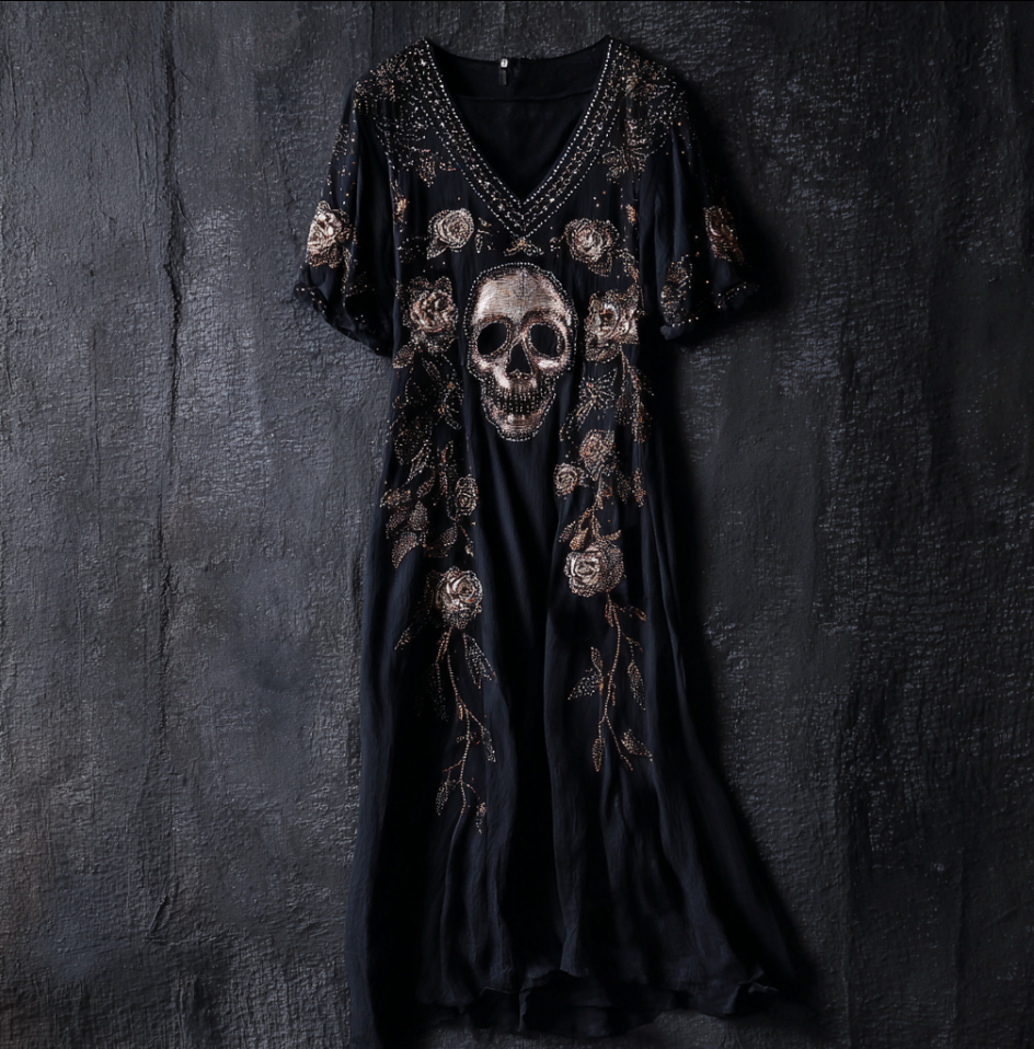 Halloween Skeleton Element V-neck Short Sleeve Dress elevenforest