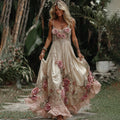 Women's Vintage Pink Rose Embroidery Art Suspender Maxi Dress elevenforest
