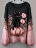 Comstylish Black Cat & Pink Pumpkin Floral Embroidered Contrast Fuzzy Cozy Sweater