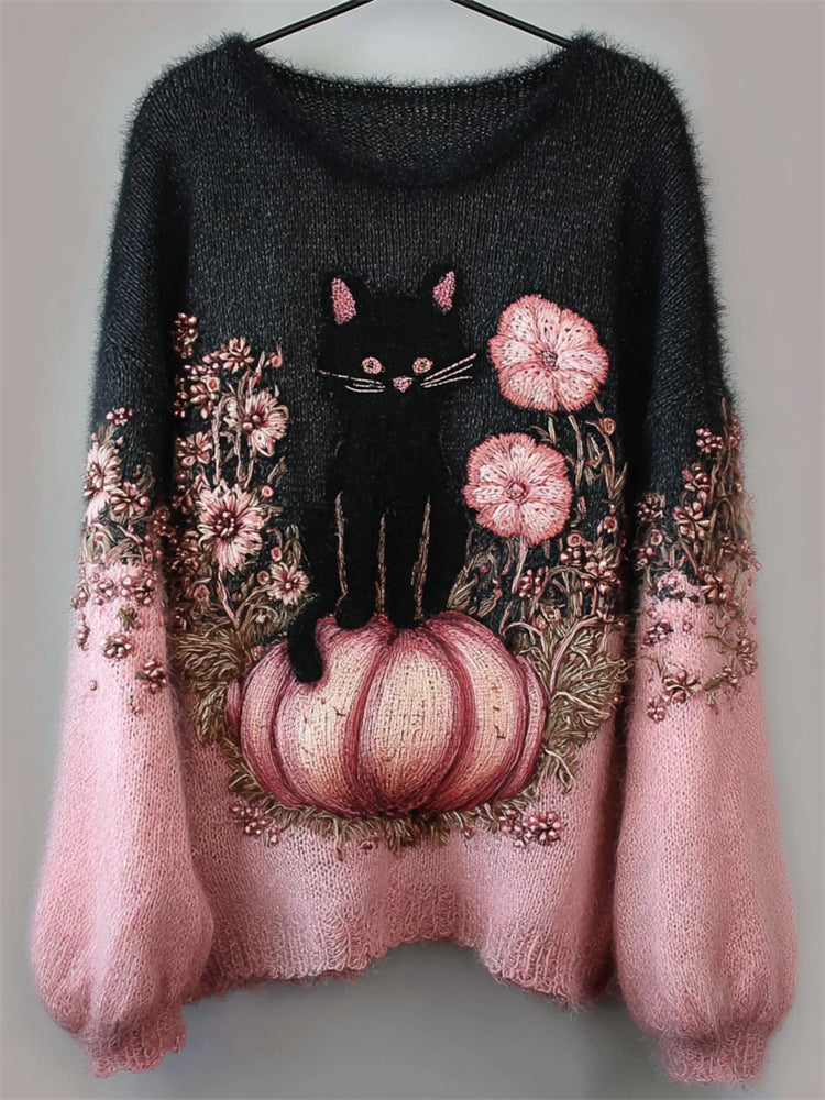 Comstylish Black Cat & Pink Pumpkin Floral Embroidered Contrast Fuzzy Cozy Sweater