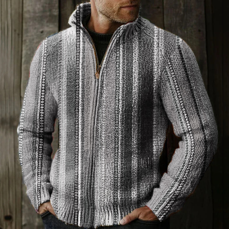 Men's Retro Colorful Striped Pattern Knitted Zip Sweater artswardrobe
