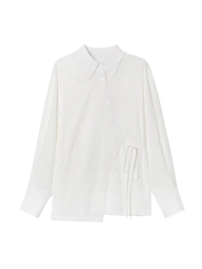 Loose Puff Sleeves Asymmetric Lace-up See-through Color Split-joint Lapel Blouses