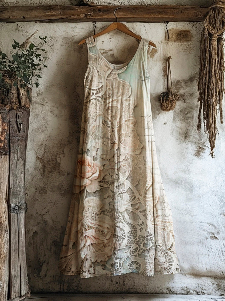 Boho Lace Floral Art Vintage Women's Linen Vest Dress elevenforest