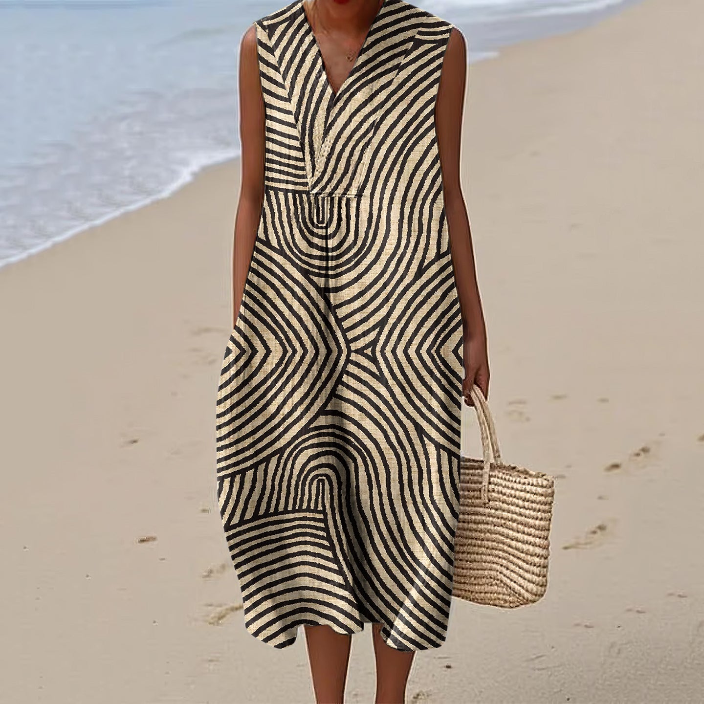 Vintage Stripe Pattern Linen V Neck Tank Dress elevenforest