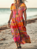 Women's Ethnic Art Pattern Print Pocket Cotton Dress