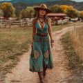 Women's Vintage Western Geometric Print V-neck Tank Midi Dress elevenforest