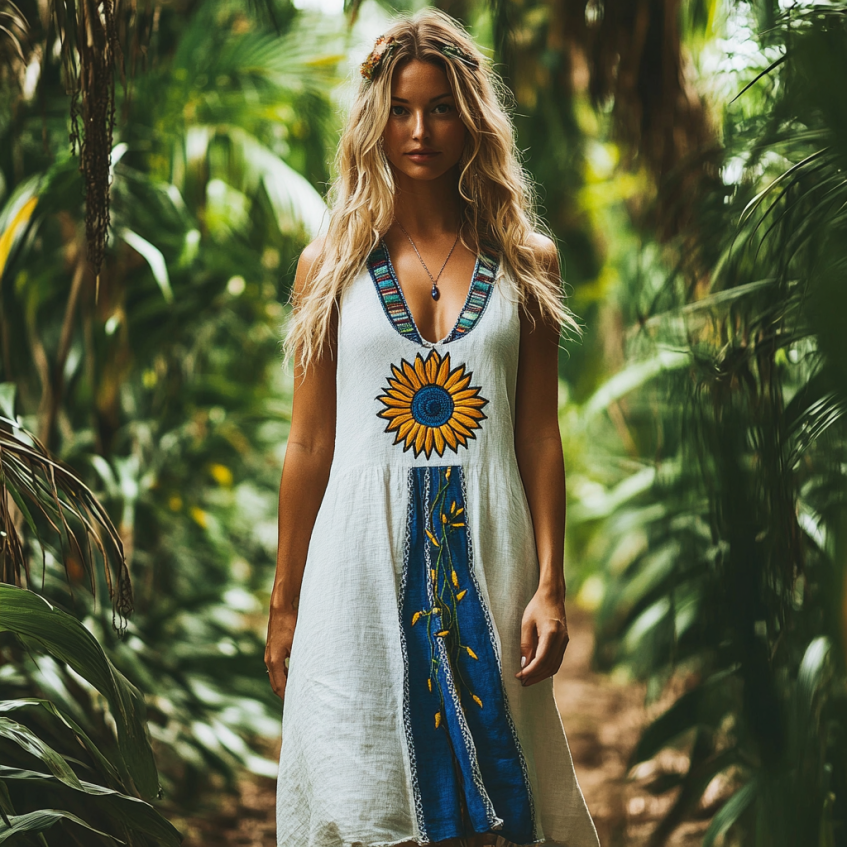Bohemian Sunflower Embroidery Sleeveless Cozy Linen Maxi Dress elevenforest