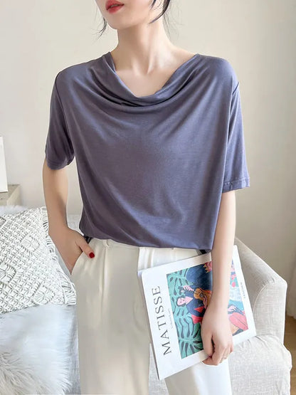 Short Sleeves Pleated Color Heaps Collar T-shirts Tops
