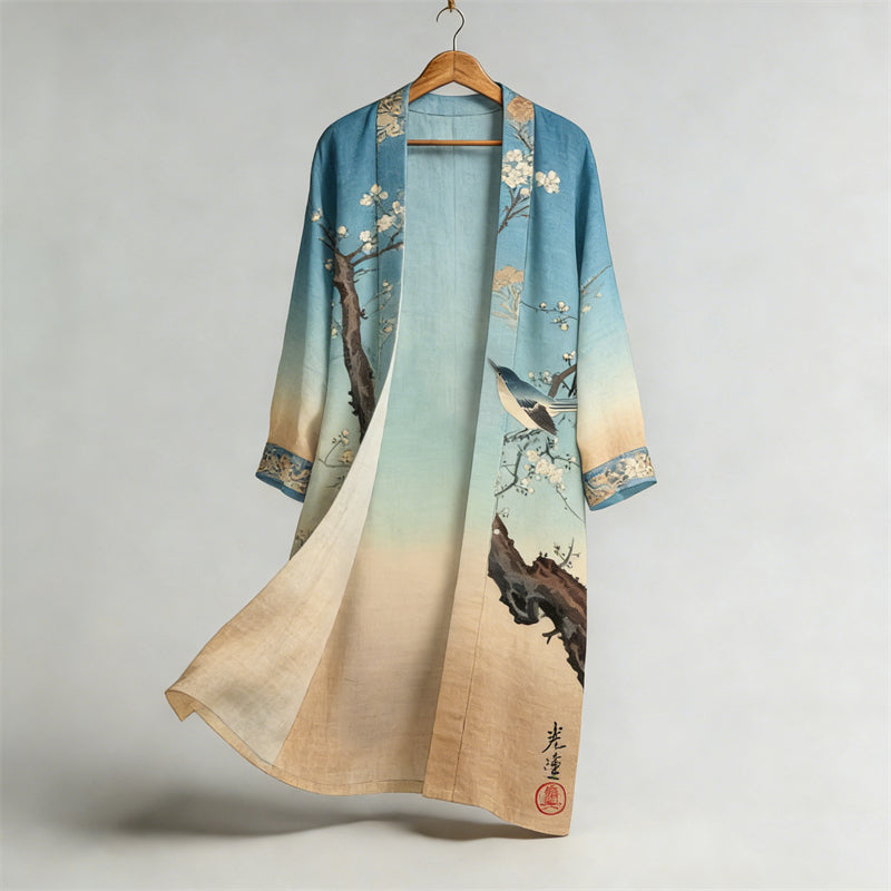 Japanese Bird Plum Blossom Gradient Flowy Long Linen Kimono elevenforest