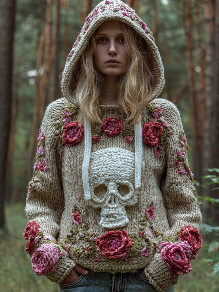 Comstylish Women Halloween Skull Romantic Rose Vintage Hooded Sweater