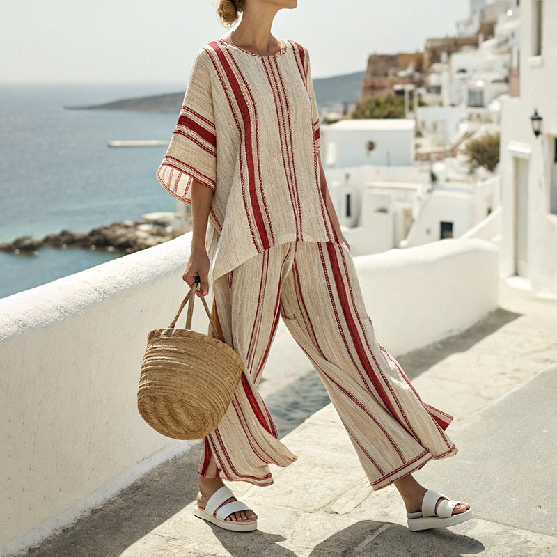 Striped T-shirt Linen Blend Casual Two Piece Set elevenforest