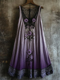 Boho Floral Embroidered Lace Patchwork Gradient Linen Dress elevenforest
