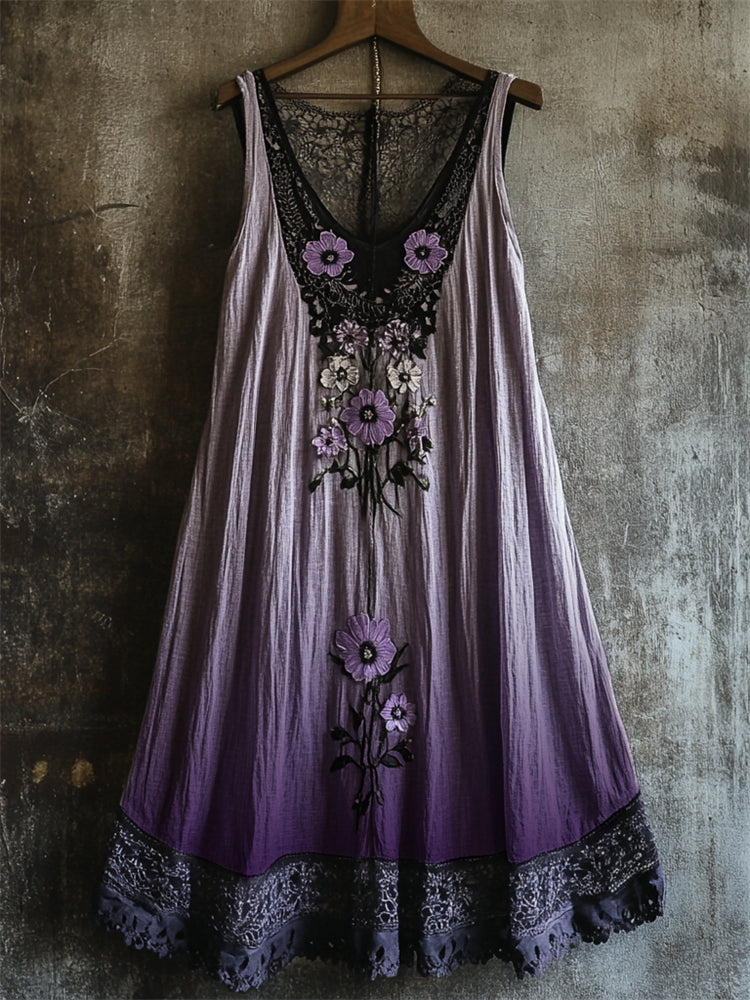 Boho Floral Embroidered Lace Patchwork Gradient Linen Dress elevenforest