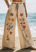 Women's Floral Embroidery Art Print Linen Lounge Pants elevenforest