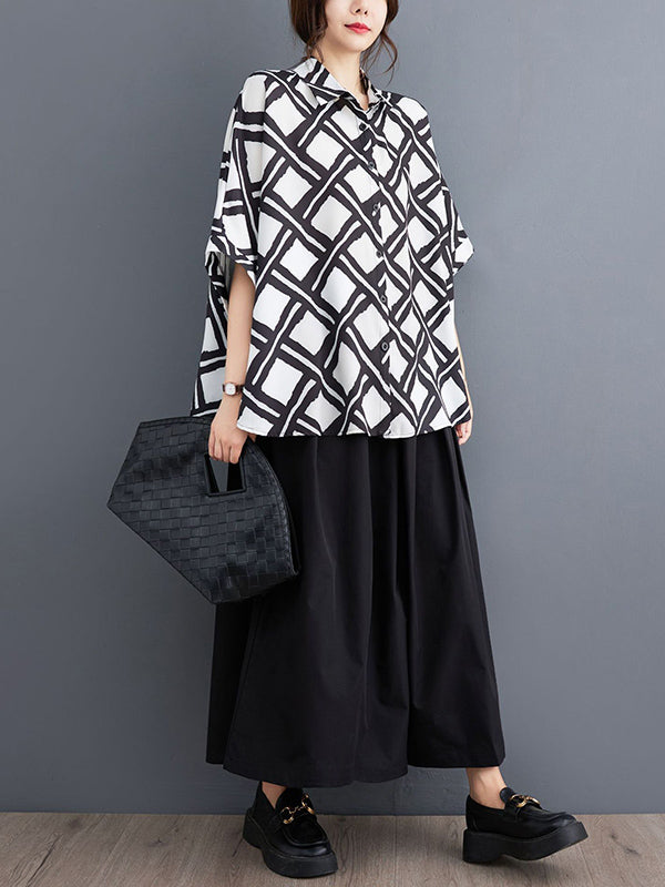 Batwing Sleeves High-low Buttoned Plaid Printed Lapel Blouses&shirts Tops