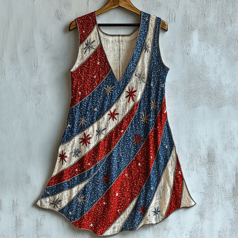 Women's Independent Day Shining Star American Flag Art Vintage Linen Sleeveless Tank Top elevenforest