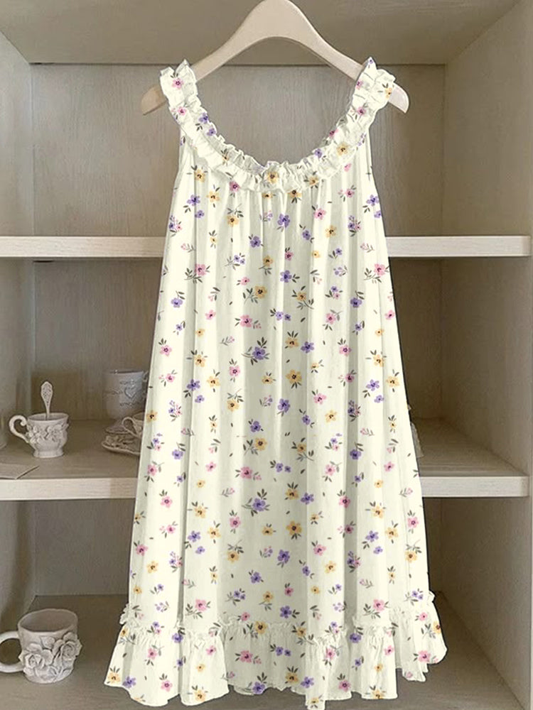 Colorful Floral Pattern Ruffle Linen Dress elevenforest